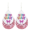 Detailed close-up of teardrop leather earrings with Second Grade text and pink glitter base - Second Grade