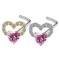 L-shaped heart nose studs with pink crystal and small diamonds in gold and silver finish - Hollow Pink Heart L-Shape / Silver