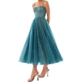 Elegant teal sequin midi cami dress with corset bodice and flared A-line silhouette - US size 2 (S) / Top And Bottom / Malachite green