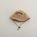 Detail of baby sun hat featuring bear embroidery and adjustable chin strap - 48-50cm / Khaki