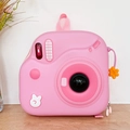 Pink camera-shaped kids backpack with cute white rabbit print and floral zipper charm - Pink