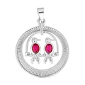 Silver-plated twin birds pendant with red oval gemstones and sparkling cubic zirconia - Style 24 (Silver Round Double Bird Red Gem)