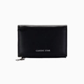 Black leather zipper coin purse with silver CLASSIC STAR text and multi-card slots - Black