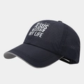 Detail of breathable full mesh baseball cap with Jesus Saved My Life printed text - Adjustable / Navy Blue