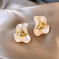 Detailed view of vintage enamel petal earrings with a gold center on champagne silk - 27# White Wavy Petal (27# Silver Earring Post-White-Gold-Plated)