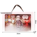 Fashion doll in red plaid dress with pink toy stroller and food accessories set - 33cm Portable Box Shopping Doll
