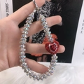 Luxe colorful rhinestone phone strap with red heart pendant and silver metal rings - Red Rhinestone Gem Heart