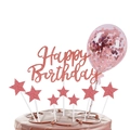 Pink glitter Happy Birthday cake topper set with stars and a sequin balloon decoration - Rose Gold Set 11