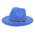 Close-up of blue straw Panama hat with fine woven texture and brown leather belt - Sapphire Blue