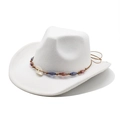 Detail of white felt cowboy hat featuring colorful bead band and bohemian shell accent - M (56-58cm) / White