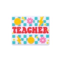 Teacher themed rectangular PVC shoe charm with red lettering and colorful patterns - Smiley Face Teacher