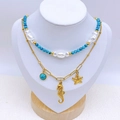 Double-layered necklace with turquoise, pearls, and golden seahorse starfish pendants - Double Layer Starfish Seahorse Style (XL01542-1)