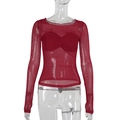 Close-up of sheer mesh long sleeve top in burgundy with ruched bust detail - S / Red