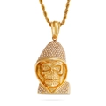 Hip hop gold skull pendant necklace with sparkling rhinestones and twist chain - Gold Hooded Skull Style (KP77812-BD)