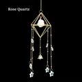 Hanging rose quartz crystal suncatcher with golden geometric frame and stars - 3cm Rose Quartz Wind Chime Pendant