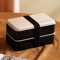 Double-layer bento lunch box with wood texture lid and black elastic strap closure - 1.2L Sealed Black (Fork Spoon No Knife)