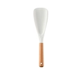 Cream white silicone soup ladle with wooden handle and hanging hole on white background - Square Spatula