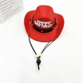 Red festive cowboy hat with silver Happy Birthday glitter text and adjustable cord - Birthday Hat / Red