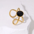 Anello aperto placcato oro 18K con smalto nero su pietra bianca decorativa - Aperto Regolabile / Nero