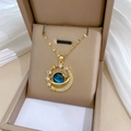 Golden titanium steel necklace featuring blue planet, crescent moon, and star charms with zircons - 389-1 Starry Sky Planet Necklace - Gold Blue