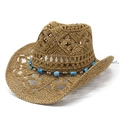 Détail du chapeau de cow-boy en paille avec des perles bleues et décorations argentées - M (56-59cm) / Khaki