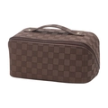 Brown checkerboard pattern cosmetic bag in PU leather with carry handle and zipper - Coffee