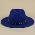 Detail of bohemian fedora hat with turquoise beads and silver studs on leather band - M (56-58cm) / Blue