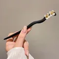 Handmade wooden hair stick with white shell flowers and golden stamens detail - 4# Two Flowers Hairpin (Sandalwood)