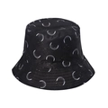 Black bucket hat featuring white crescent moons and yellow stars celestial print - Black Starry Night Moon Style(J)