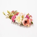 Peigne à cheveux de mariée avec roses roses et feuilles vertes sur base argent - Rose Riz