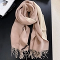 Pink and beige cashmere-feel knit scarf with tassels and a leather brand label - 200*70cm / Dusty Pink + Khaki