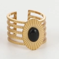 Three-layer gold-plated open ring with an oval black gemstone in a retro style - Wide Sun Flower Black Stone