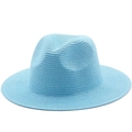 Sky blue straw fedora hat with wide brim and classic woven texture for summer sun protection - Lake Blue
