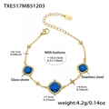 Detail view of 18k gold plated stainless steel bracelet with square blue glass stones - Blue Glass Stone Gold Bracelet / 16.5+5cm
