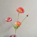 Single pink artificial poppy with three blooming flowers and one bud for home decor - Azalea Red