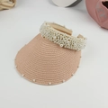 Pink straw visor sun hat for women featuring elegant pearl embellishments and open top - Pink