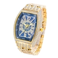 Gold tonneau watch with blue dial and full diamond crystals in a side view display - Gold Blue