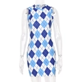 Close-up of blue and white checkered sleeveless bodycon dress with crew neck - M / Blue