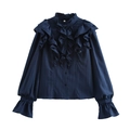 Elegant navy blue French style blouse with ruffled collar and textured fabric detail - XS / Dark Blue