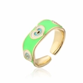Detail of 18K gold plated heart evil eye ring with neon green enamel and mirror reflection - Adjustable Open / 12159-Yellow Heart Evil Eye
