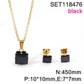Golden stainless steel jewelry set featuring a black square zircon necklace and stud earrings - Gold-Black Stone