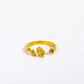 Gold adjustable ring with delicate floral accent and a vibrant red round zircon stone - Adjustable Open / July/Larkspur