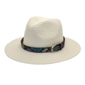 Mens and womens wide brim straw sun hat with colorful snakeskin band and gold buckle - M (56-58cm) / Pure White