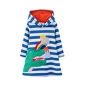 Blue and white striped girls hooded dress with colorful dinosaur and rainbow embroidery - 3T/Recommended Height 90-95cm / Top - Blue and White Striped Dinosaur Volcano (7795)