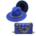 Detail of royal blue fedora hat and matching quilted handbag with chunky gold chains - M (56-58cm) / Royal Blue + Black