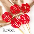 Rote Filz Xi-Zeichen Tortenstecker für chinesische Hochzeit, Größe 4,7 cm x 4,7 cm - Filz Rundes Doppelglück 5Stk
