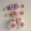 Pink and purple baby lace headband and socks set with chiffon bows and bunny ears - Pink Bear Mesh Headband + Socks