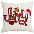 Leinen-Kissenbezug mit rotem Joy-Schriftzug, Weihnachtsmütze und Geschenktüten-Design - Joy Schriftzug