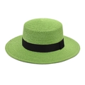 Detail of neon green boater hat featuring woven straw texture and a black ribbon band - M (56-58cm) / Fruit Green