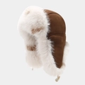 Detail of winter trapper hat with brown suede exterior and thick faux fur lining - Dark Brown